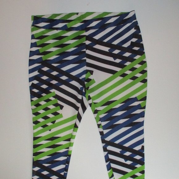 Modamix High Waist Leggings Blue Black Green Stretch Pants 2X Diagonal Striped - Picture 1 of 5